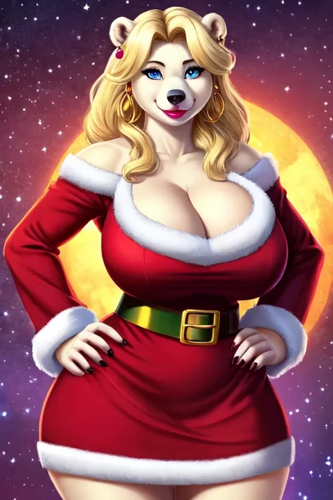 Blonde polar bear woman, wearing a backless Santa dress, perfect face, blue eyes, big breasts, cleavage, three-quarter view, solo, smile, perfect detailed body, pink lipstick, hand on hips, gold earring,