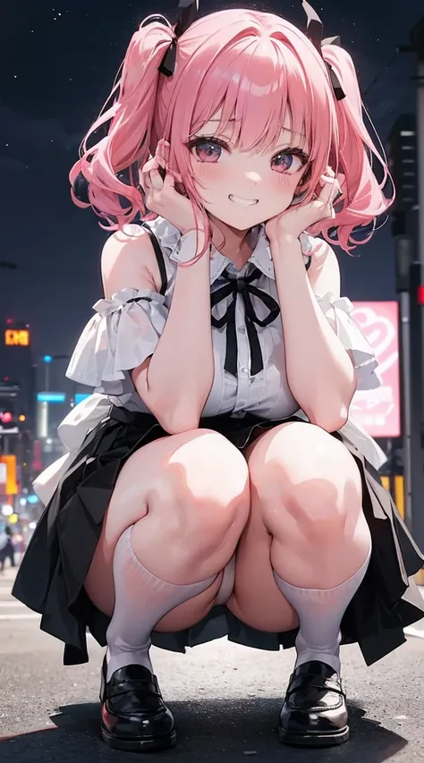 (8K、Top image quality、top-quality、​masterpiece)、A detailed face、1 girl in、A pink-haired、short hair、blunt bangs,、twintails、wavy hair、black eyes、piercings、smirk grin、Moderately breasts、Pink ruffled clothing、off shoulders、a black ribbon、Black pleated skirt、a ...