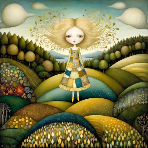 Patchwork by Klimt, Nicoletta Ceccoli, Naoto Hattori, Lawrence Didier, Leonora Carrington of European Woman, ash blond hair, light dress. is on the top of a gentle hill from which you can see the sea and forests of trees of many colors, she spreads her arm...