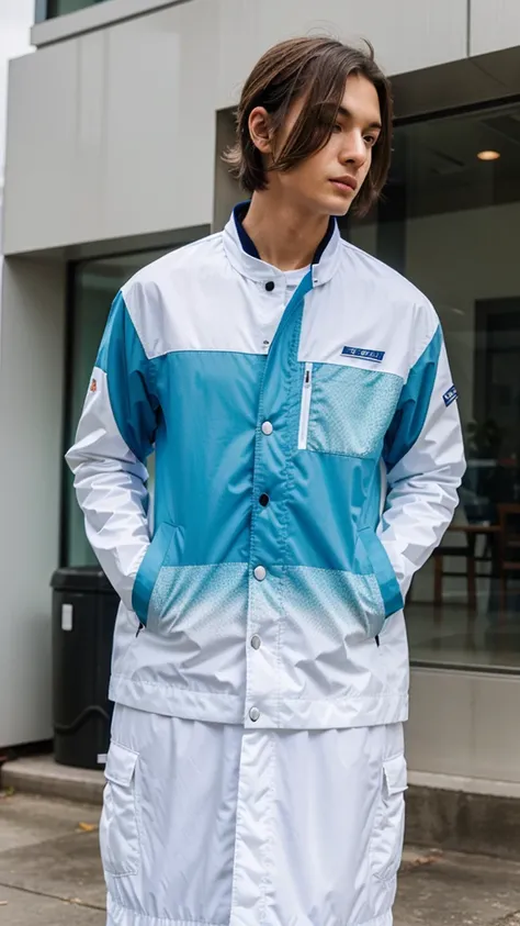 masterpiece, high quality, design, colorful, white, blue, red, medium green, represents modern urban fish farming, elegant look, modern, to be full printed in a jacket, jacket base color is white, write "MODERN FISH FARMING" in the front