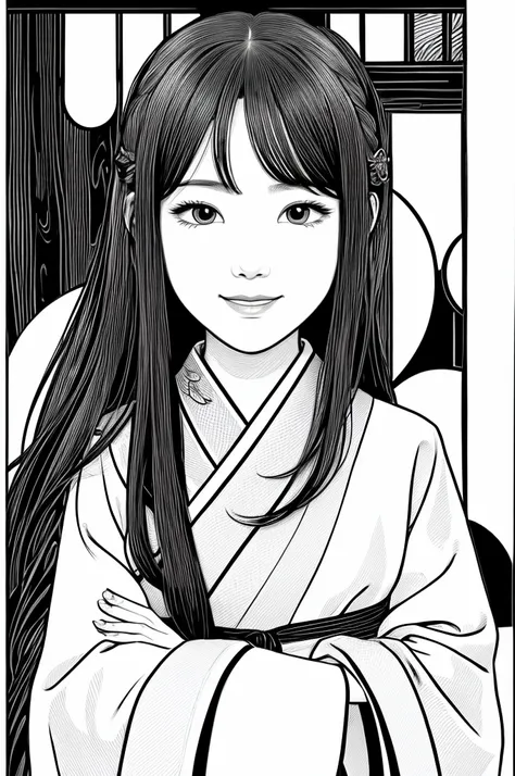 Please create a realistic Ukiyo-e illustration of a cute smiling woman in a kimono that conveys Japanese culture using a simple black and white coloring book that even children can do. The illustration is a illustration with detailed facial features and ca...