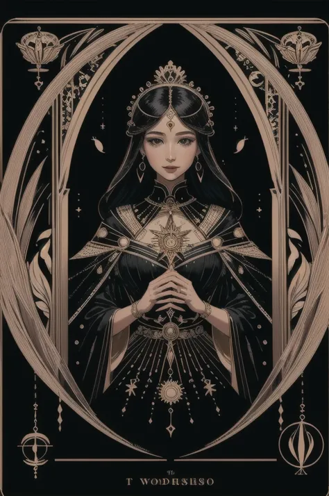 (best quality, Masterpiece), (Tarot cards, Tarot cards card,:1.1)  Empress: A nurturing figure surrounded by symbols of abundance and prosperity... Depicts a woman in a lush garden.., Radiate the power of motherhood and be surrounded by nature...,  black b...