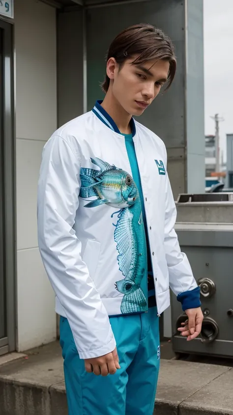 masterpiece, high quality, design, colorful, white, blue, red, medium green, represents modern urban fish farming, elegant look, modern, to be full printed in a jacket, jacket base color is white, write "MODERN FISH FARMING" in the front, show front facing