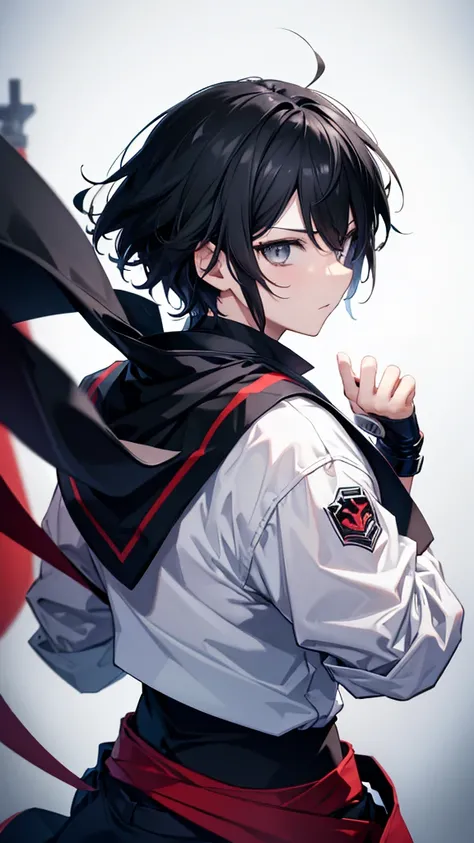 profile background, anime boy, black hair, grey eyes, martial arts clothing, high-res portrait, detailed eyes and face, character, fantasy, advanced urban, looking from behind at viewer, 4K, high resolution