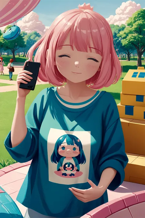 Disney Pixar style, cute girl with short pink hair with bangs, wearing cyan shirt, Cell phone in hand, park, realistic, 8k