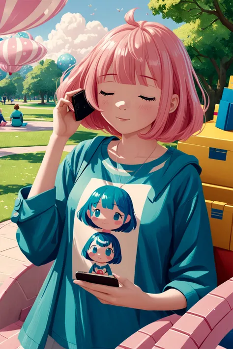 Disney Pixar style, cute girl with short pink hair with bangs, wearing cyan shirt, Cell phone in hand, park, realistic, 8k