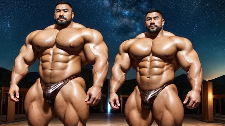 A Chinese bodybuilder，40 years old，Tall and handsome, Toned body，short hair, O-Shaped Beard，Perfect body, Dark and shiny skin，Smooth skin，The body is hairless，Muscle bulge, Muscular, Very large pectoral muscles，Very sexy abdominal muscles，Very well-develop...