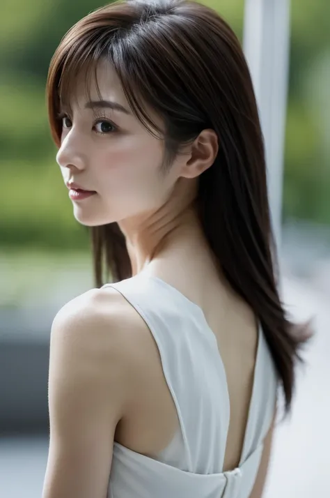 Skinny Japanese adult female, Rear view, detailed face, detailed eyes, bare shoulders, very thin waist, blurred background, masterpiece, high resolution, 8K, Highest image quality, Cinematic, (Full-body photo)