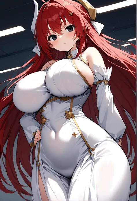 My name is Hikaru, I am a white test doll with long red hair and black eyes. I am 1.60 cm tall and weigh 46 kg. My breast sizes are 300 cm, my waist is 60 cm and my hips are 200 cm. Dressed in a tight white dress. With big breasts 300 cm