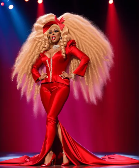 drag queen on the stage of Rupauls Drag Race wearing a red satin power suit with disproportional shoulder pads and giant blonde frizz wig full body shot fascinator