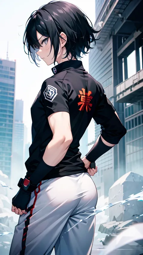 profile background, anime boy, serious face, black hair, grey eyes, martial arts clothing, high-res portrait, detailed eyes and face, character, fantasy, advanced urban, looking from behind at viewer, 4K, high resolution