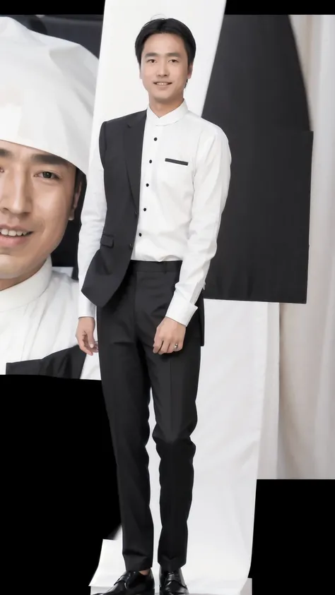 35-year-old man， Soft headlights，High-density imaging，((Slim face))，((Slender face))，((Black suit))，((White shirt))，((Various dynamic poses))，((Full body image))，((Smile))，((Background is white curtain))，best quality，masterpiece，（Soft colors：1.2）