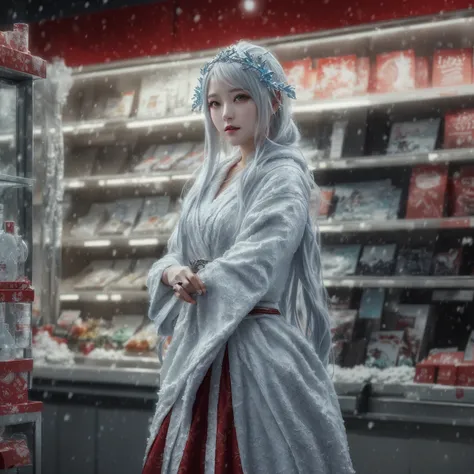 A woman in a white robe is standing inside the store., A mix of anime style and Fujifilm, Fantasy Character Pictures, Winter Goddess, Ice Queen, Cosplay Photo, Ice Mage, Anime Girl Cosplay, Winter Queen, Beautiful ancient frost witch, Queen of Ice and Stor...