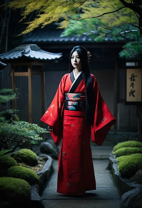 Gloomy Japanese-style horror photos。A woman in a red kimono stands in a dimly lit garden.。Has long black hair、It&#39;s a very beautiful face、His face is pale and lifeless with a blank look on his face.。