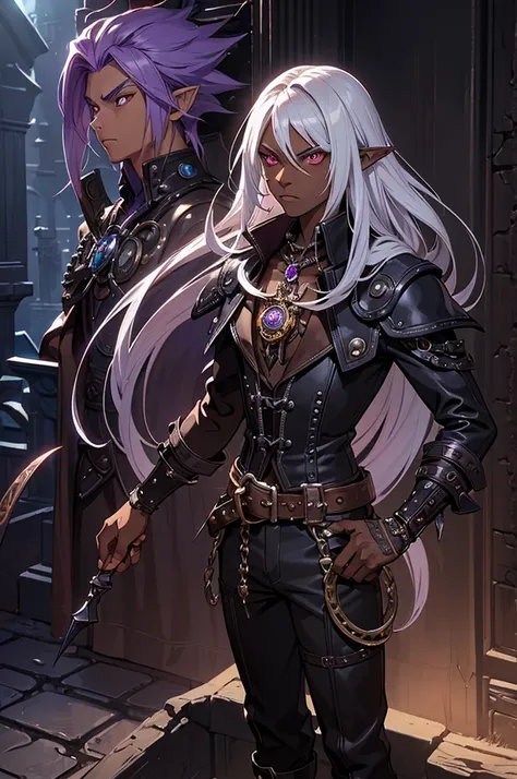 (best quality)), ((masterpiece)), (detailed), ((boy)), ((mix between dungeonpunk and steampunk)), (serious), dark skinned, human, full body, red eyes, long white hair, Xemnas from Kingdom Hearts, half-drow, pointy ears, serious face, dramatic lighting, pur...