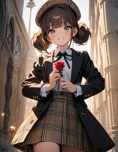 (8K, best quality, master piece: 1.2), super high resolution,1girl,16yo,ultra-detailed face, detailed eyes,brown hair,blunt bangs,shiny hair,double hair buns,(Burberry checked tailored jacket),BREAK,White shirt,Ribbon tie,BRAK,(Burberry checked beret),(col...