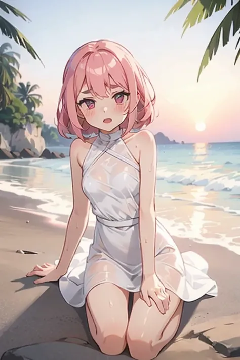 Girl with pink hair, long double-tailed hairstyle ((small pink bushy eyebrows)), lolicon, dressed in a white dress, wet dress marked on the body, wet dress, silhouette of her body seen through the dress, in the beach, lighting at sunset showing her body th...