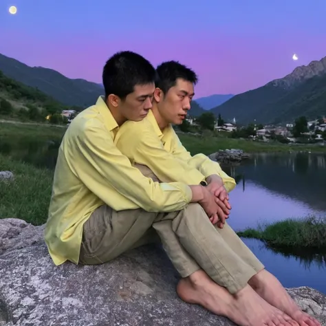 side view, an man's face glances at the camera, very sad expression, yellow long-sleeved shirt, beige jeans, sitting on a rock, ...