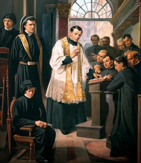 Por favor, expand this image with more priests in black cassocks and chairs for students in a typical early 19th century setting