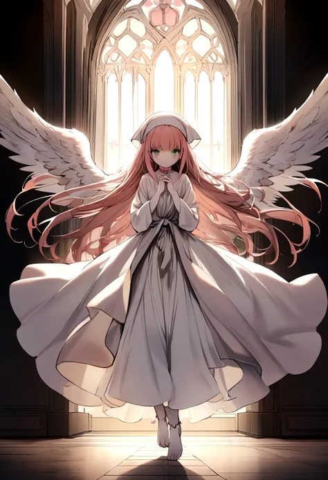 Sibyl has long ginger hair going to her ankles, light green eyes, milky white skin, she has freckles covering her face and entire body, she has a set of medium sized angel wings, and a pair of wings on the tips of her ears, she wears long flowing white dre...