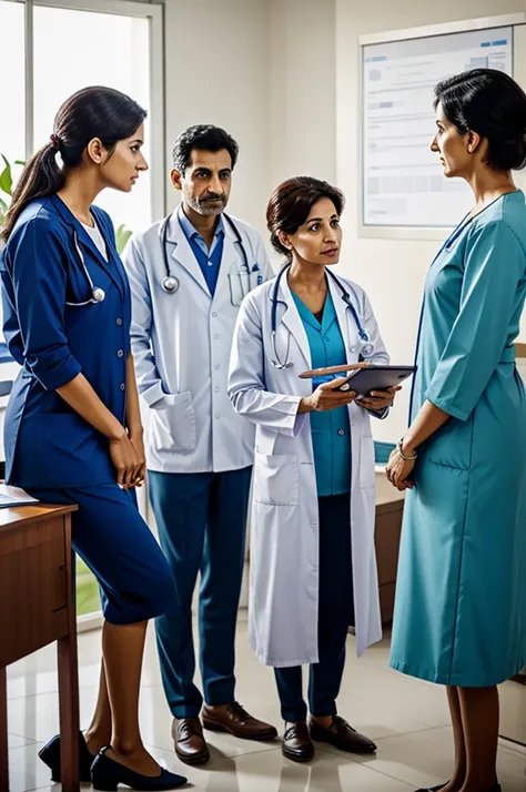 A doctor in a clinic talking with the parents. The parents are facing towards the docotr and listening to her. 