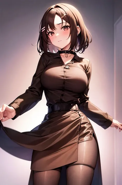 1girl, solo, brown hair, medium hair, hairclip, brown eyes, choker, schooul outfit with jacket, light skirt, large breasts, lustful face, fair skin