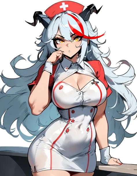 1girl, aegir (azur lane), azur lane  masterpiece, best quality, very aesthetic, absurdres, newest  sportive body,   by nyantcha,,by cutesexyrobutts,by khyle ///// silvery white hair with a single prominent red streak, black horns, yellow eyes,  , white bac...