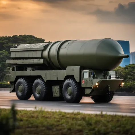 high quality professional photo of a medium-range ballistic missile(MRBM) of the Chinese CSS-2(DF-3) model displayed during the Thai Army military parade on January 18, 2019, extreme detail, 8k, hyperrealistic, cinematic lighting, dramatic composition, mil...