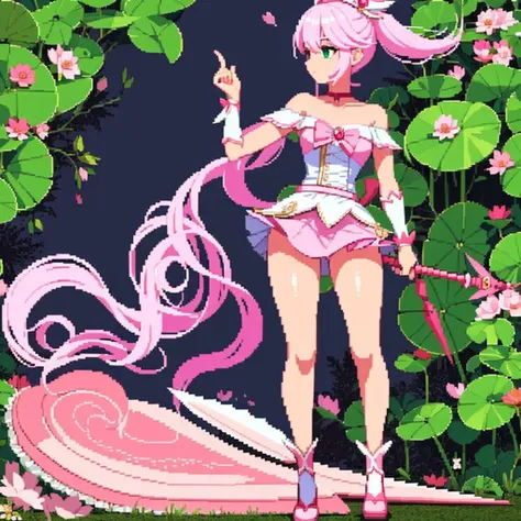 pixel art, full body, facing left (important), pink and white, holding a spear, magical girl, beret, long hair, loose, off-the-shoulder. Hair color: soft, pale pink hair. Eye color: green eyes. Outfit: white and pink based outfit. She wears a white short-s...