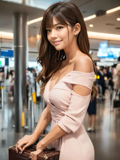 Product quality, One girl per photo, Cowboy Shot, Front view, Young and cute girl in Japan, Long Bob Hair, Wearing a wedding ring, She is wearing a short-sleeved light pink dress, Smiling and standing in a busy London airport, Shoulder bag, suitcase, Super...