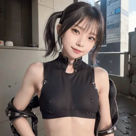 Portrait 1 Young Woman ,sf, １０age,smile,Complex background punk,  , Futuristic, Post-apocalyptic, dark, 薄dark光, ((masterpiece, Highest quality, )),(((Nipple protrusion))),,(((Small nipples))),(((Small areola)))(((Six Pack Abs))),(((Nipple details)))