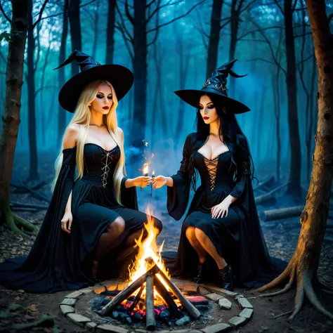 two woman - first gothic woman with long black hair, second blonde long hair, they are sexy witch do ritual in forest around fire in night, play witch color and magic atmosphere