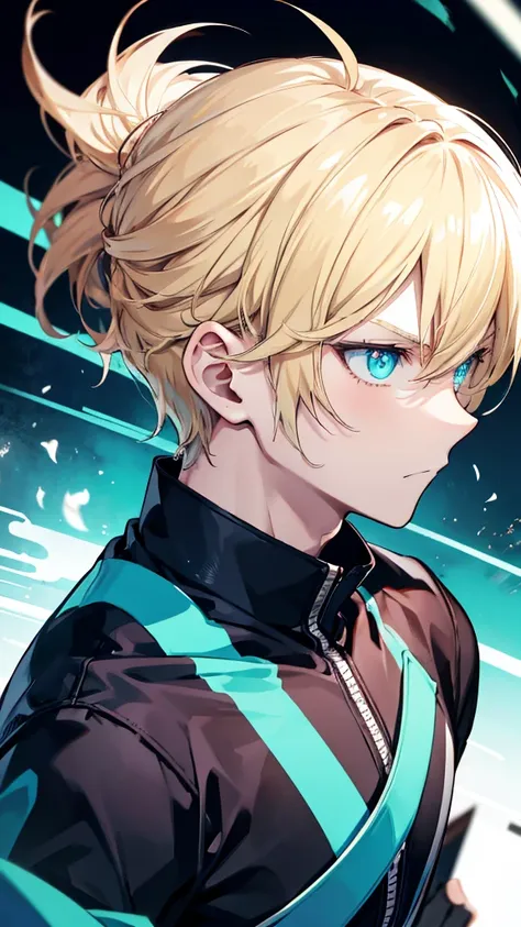 profile background, anime boy, serious face, blond hair, cyan eyes, martial arts clothing, high-res portrait, detailed eyes and face, character, fantasy, advanced urban, looking from behind at viewer, 4K, high resolution