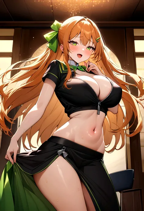 A cute Japanese girl　Orange Hair　Lively impressions　Dance Club　uniform　Black sportswear with green lines showing your stomach　Wear an oversized black hoodie over your sportswear　The zipper on his hoodie is wide open　hairpin　Long Hair　Live Performance Venue...