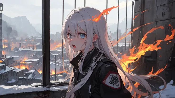 masterpiece:1.2), best quality , 独奏 ,pixiv, anime girl ，long straight white hair , black eyes ,Wearing off-white camouflage uniform ,ten years old，military fortress，(Eyes looking into the distance:1.3)，(look away:1.5)，snowy weather，dirty face，The backgroun...