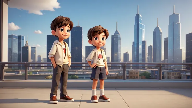 a young boy and girl in a modern city, 1boy, 1girl, standing together, happy, smiling, looking at camera, cityscape, skyscrapers, modern architecture, glass buildings, sunlight, warm lighting, realistic, photorealistic, photo-realistic:1.37, 8k, highly det...