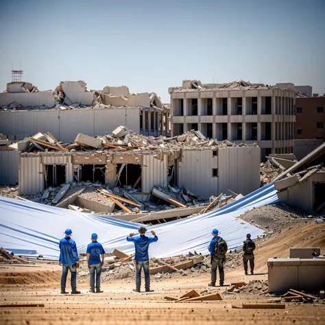 people standing in a dirt field with a blue tarp covering them, destroyed city in the background, in a ruined cityscape, demolition, ruined city in background, collapsed buildings, destroyed buildings, ruined city in the background, inspired by Zhang Kechu...