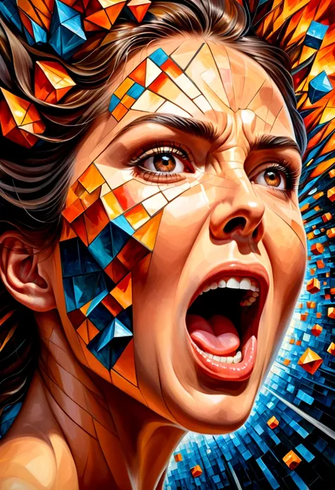 oil painting,women's faces(only the face that opened its mouth very wide screamed in anger.),explosion of body parts into 3d cub...