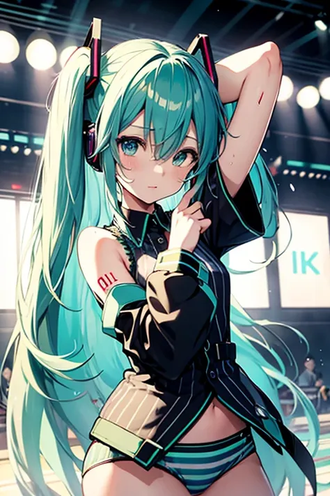 hatsune miku, Vocaloid, beautiful, Detailed face, , colorful, bright, whole body　Sweaty green striped panties　Intense dancing　