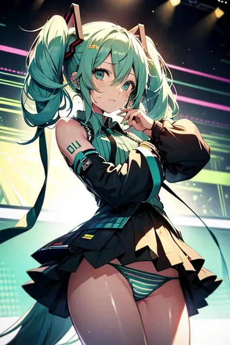 hatsune miku, Vocaloid, beautiful, Detailed face, , colorful, bright, whole body　Sweaty green striped panties　Intense dancing　