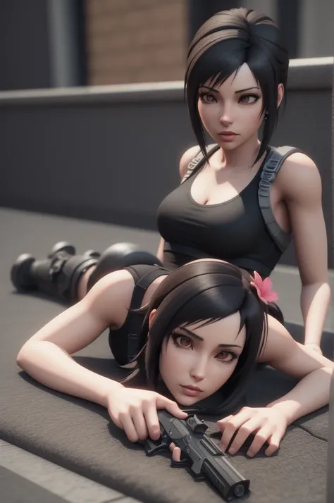 there is a woman laying on the ground with a gun, tifa, relaxed pose, tifa lockhart, kunoichi, 3 d anime realistic, anime styled...