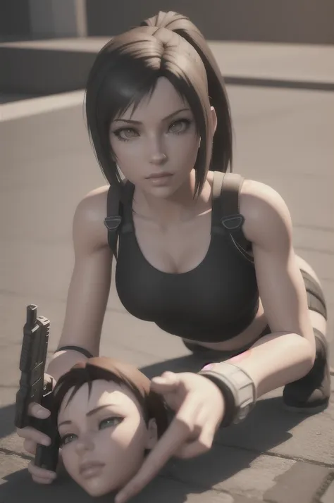 there is a woman laying on the ground with a gun, tifa, relaxed pose, tifa lockhart, kunoichi, 3 d anime realistic, anime styled...