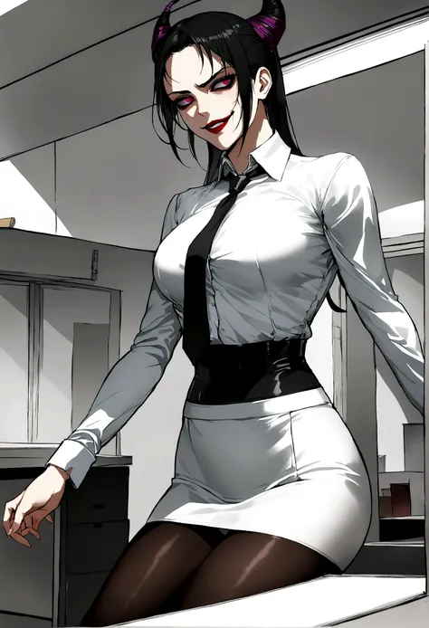 juri han, work of art, tight white secretary shirt with black tie, black high waist skirt, short skirt,stocking, black hair, black tights,evil smile,office,franja nos olhos,iluminação,chifre de cabelos,visão de cima,olhando para cima
