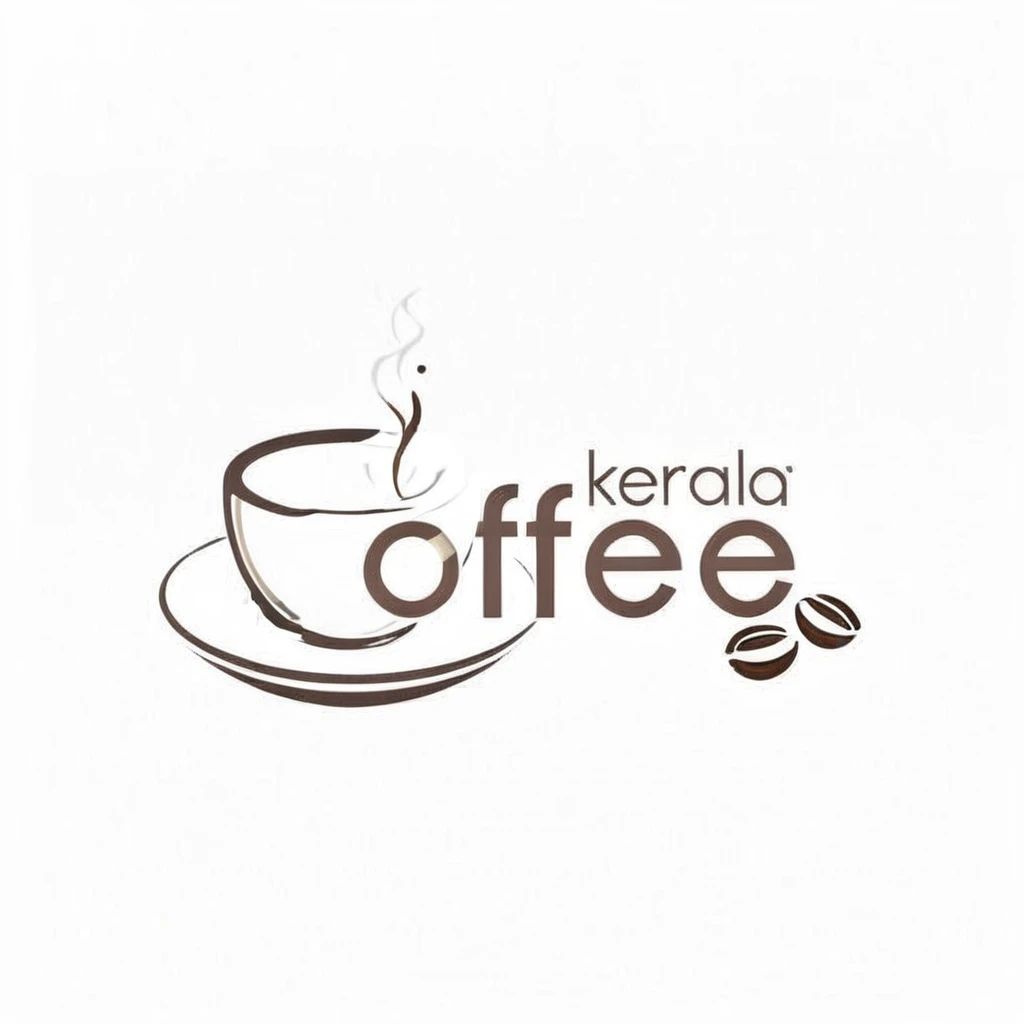 Create an elegant, minimalist logo featuring a stylized coffee cup with steam rising, located next to the brand name Kerala Coffee. The word Kerala should be in a modern, lowercase font, placed above the letters o and f in coffee. Add two coffee beans adja...