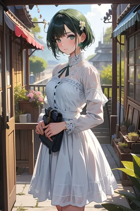 (Cowboy shooting), SFW,  (masterpiece), (best quality:1.0), (Ultra-high resolution:1.0), Delicate eyes, rest , MissMartianYJ, Green Skin, short hair, 1 Girl, Sweet_Lolita, rest, (street, indoors,  beautiful scenery)