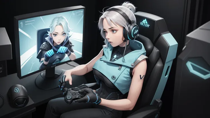 jett \(valorant\), blue cropped jacket, sleeveless, black bodysuit, black pants, 1girl, solo, headset, gaming chair, looking at ...