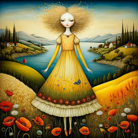 Patchwork by Klimt, Nicoletta Ceccoli, Naoto Hattori, Lawrence Didier, Leonora Carrington of European Patchwork by Klimt, Nicoletta Ceccoli, Naoto Hattori, Lawrence Didier, Leonora Carrington of European Woman, ash blond hair, light dress. is on the top of...