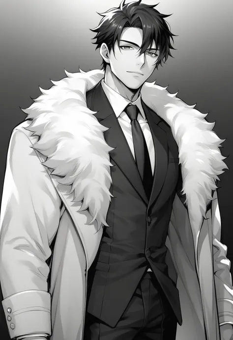 yuto-sano, 1boy, Kaneki, black hair, black suit, black long sleeves, fur coat, elegant, monochrome, solo, greyscale, male focus, looking at viewer