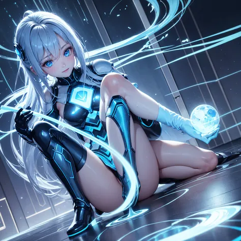 8K, Highest quality, (real:1.4), Original photo, 1 girl, Asari Hair, Biological Amplifier, Very sleek and futuristic armor, posture: Peace talks between warring factions,,attention arousal, smart blue eyes,A modest smile,Knee-high boots,Patent-look blue ti...