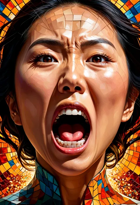 oil painting,asian woman face(only the face that opened its mouth very wide screamed in anger.),something flew out of the mouth....